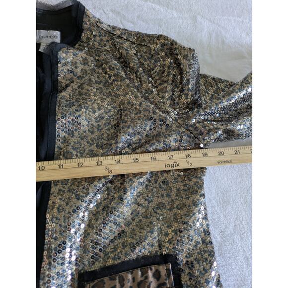 Chicos Jacket Women Small Shyanne Sequin Cheetah Holiday Shiny Black Gold Sz O - Picture 10 of 13